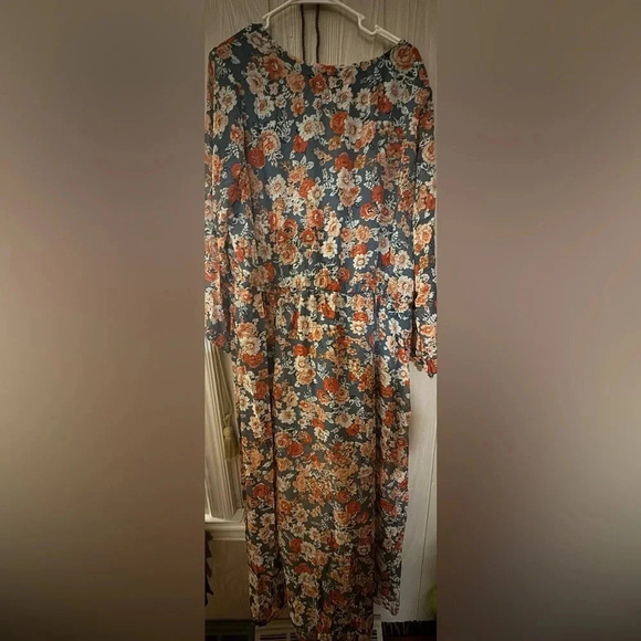 NWT New Look women’s Long Sleeve Floral Dress 2XL blue pink bronze tie belt - Picture 2 of 5